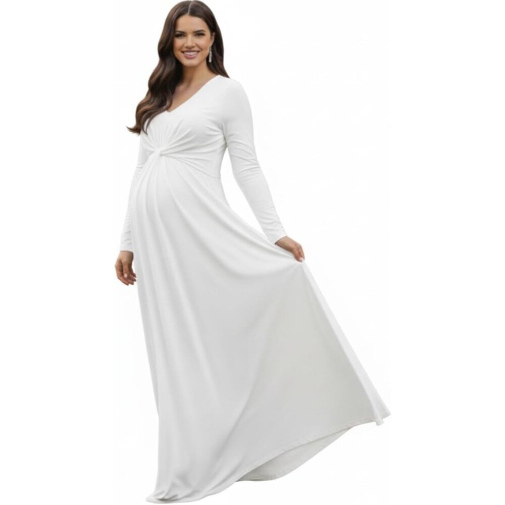 Plus Size Flowing White Maternity Dress with Long Sleeves & V-Neck Design